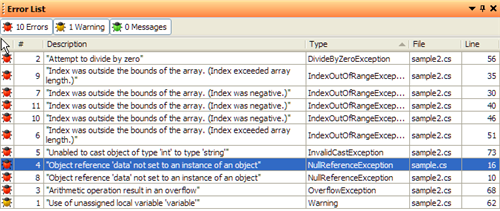 Error list showing exception findings