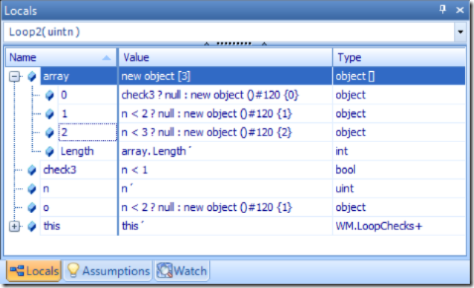 NStatic loop locals showing symbolic values for loop-created objects