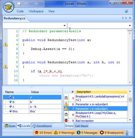 NStatic locals window with symbolic values